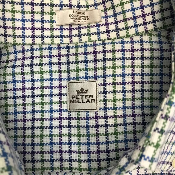 Peter Millar Men Large 100% Cotton White Multi-Color Plaid Shirt - Picture 4 of 6